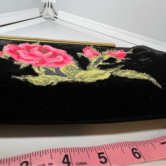 Vintage Velvet Black Clutch With Roses Glued On Sparkly Stones - Picture 7 of 9